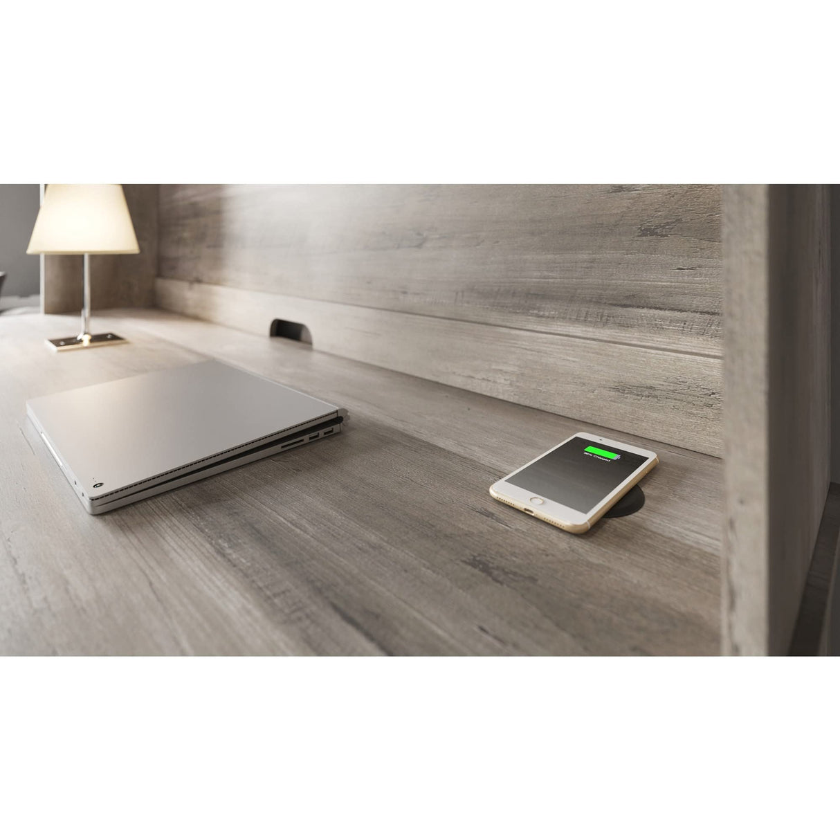 Realspace® Peakwood 65"W Computer Desk with Hutch and Wireless Charging, Smoky Brown Realspace