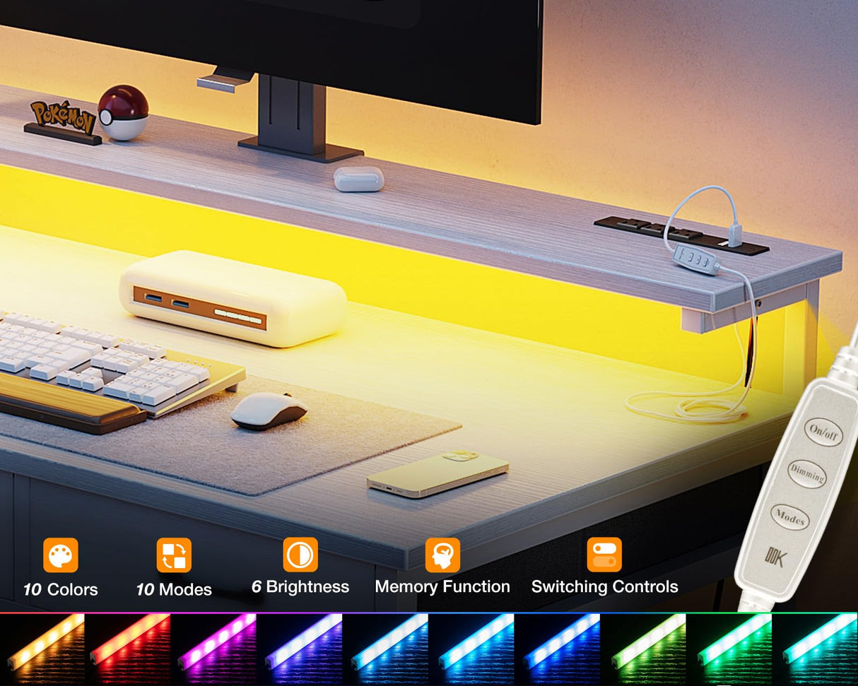 ODK 48 Inch Computer Desk with 3 Drawers and USB Power Outlets, Home Office Desks with LED Lights and Adjustable Monitor Stand, Work from Home, Modern Work/Writing/Study Table for Bedroom, White ODK