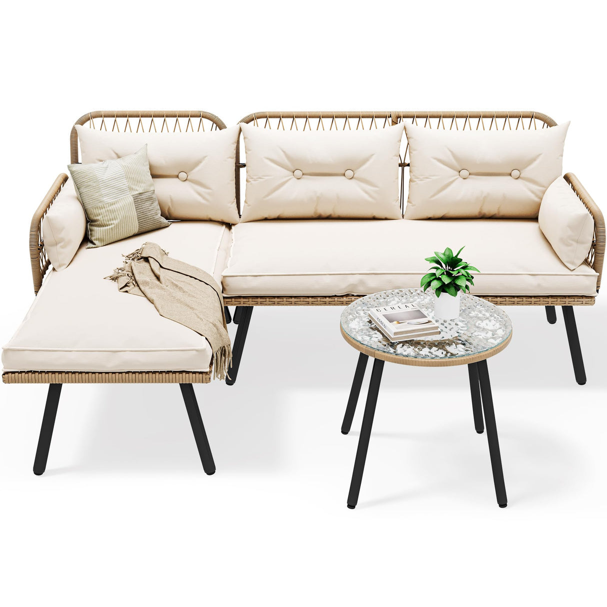 YITAHOME L-Shaped Patio Furniture Outdoor Loveseat Sectional Set for Backyard, Porch with Thick Cushions Detachable Lounger, Side Table (Light Brown+Beige) YITAHOME