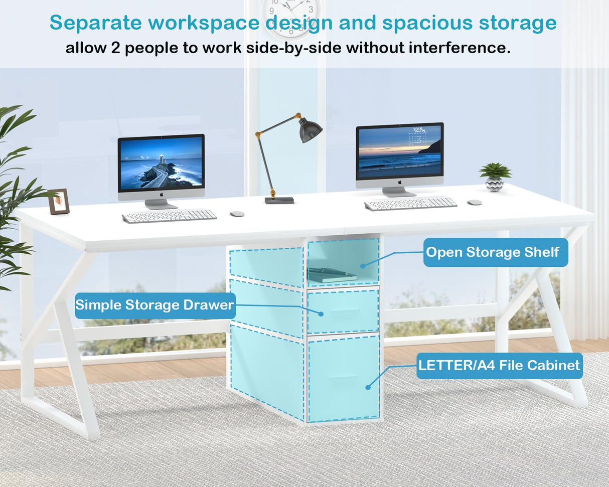 IBF White Two Person Computer Desk, Long Wood Writing Study Desk with File Drawer, Modern Large Dual Office Desk with Storage Cabinet Shelf, 2 Person Farmhouse Work Executive Double Computer Table, 79 IBF