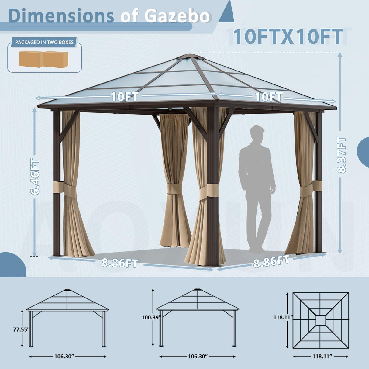 Aoxun 10' x 10' Gazebo Single Polycarbonate Roof, Outdoor Aluminum Frame Everlasting Pergolas with Netting and Curtains, for Backyards, Patios, Parties, Gardens and Lawns Aoxun