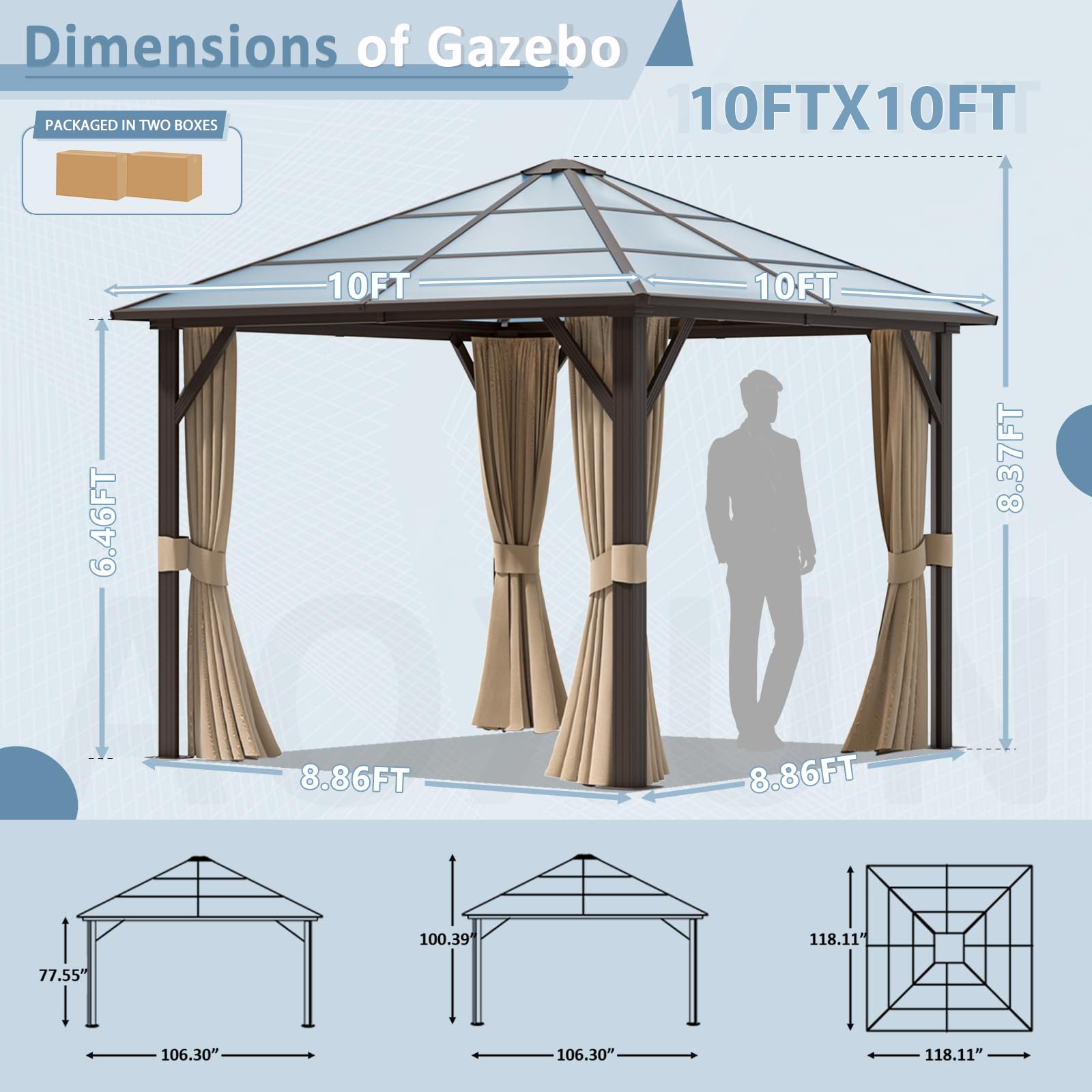 Aoxun 10' x 10' Gazebo Single Polycarbonate Roof, Outdoor Aluminum Frame Everlasting Pergolas with Netting and Curtains, for Backyards, Patios, Parties, Gardens and Lawns - WoodArtSupply