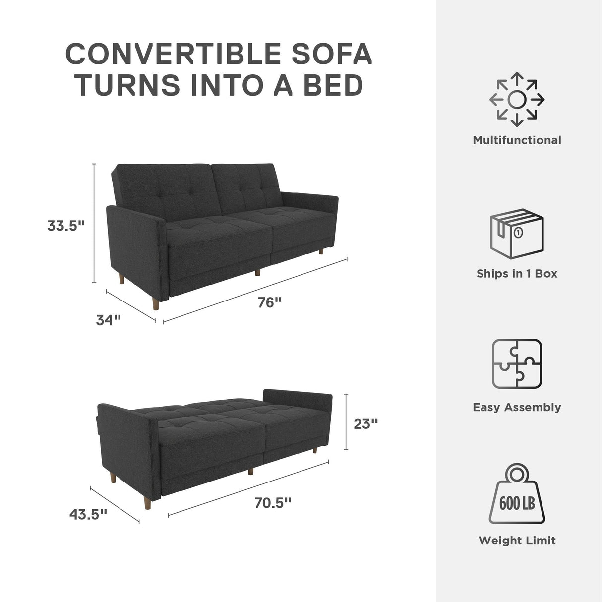 DHP Andora 76 Inch Futon Sofa Bed, Modern Upholstered Couch Sleeper with Button Tufted Back and Seat, Grey DHP