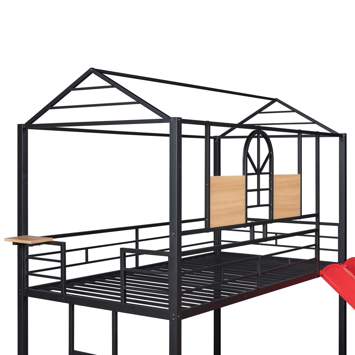 Twin Over Twin Metal Bunk Bed with Slide, House Bunk Bed with Roof and Guardrails for Kids, Teens, Girls, Boys (Black with Red Slide) Bellemave