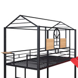 Twin Over Twin Metal Bunk Bed with Slide, House Bunk Bed with Roof and Guardrails for Kids, Teens, Girls, Boys (Black with Red Slide) Bellemave