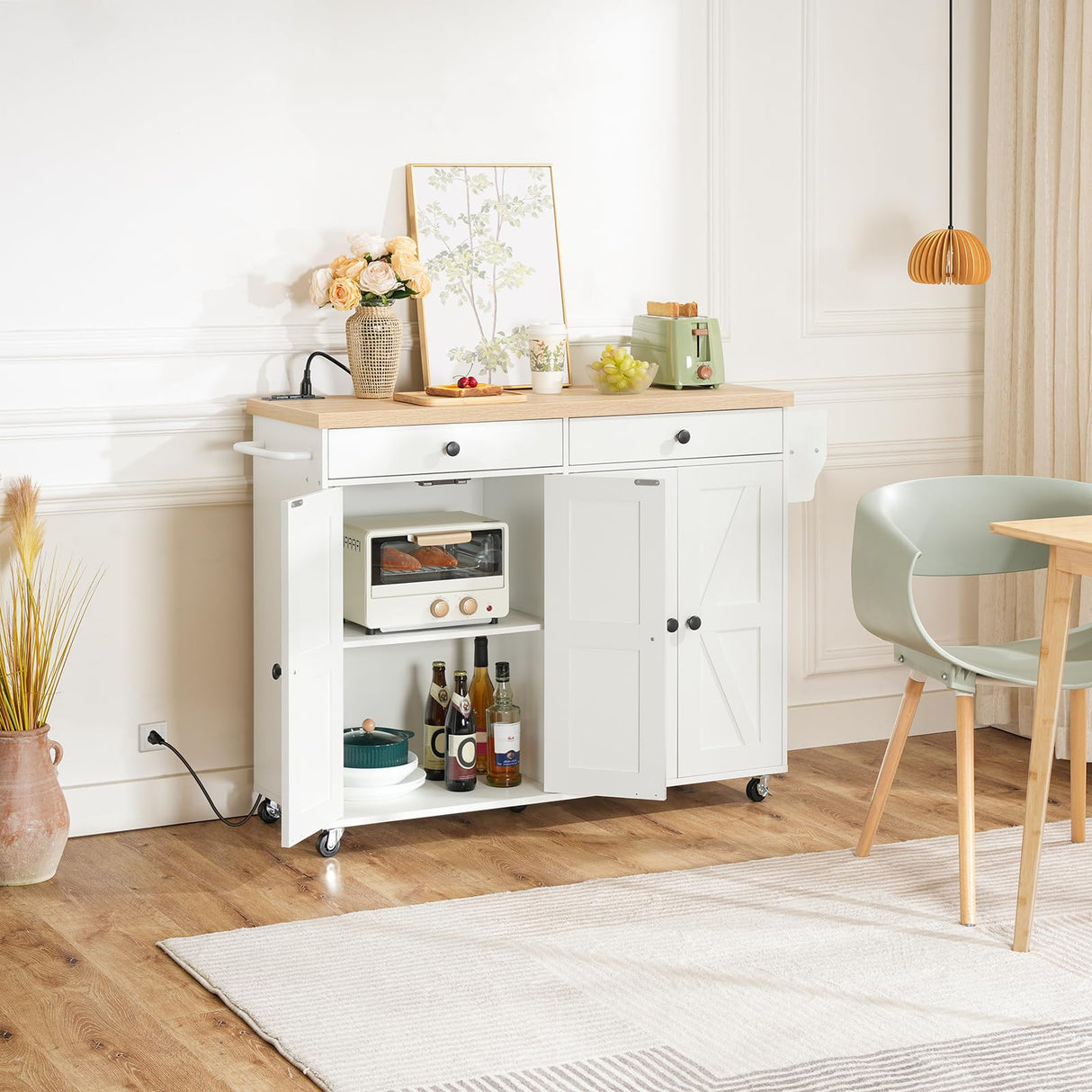 HOOBRO 43.3 Inch Kitchen Island with Charging Station, Rolling Kitchen Island with Storage, Kitchen Island Cart with Spice Rack and Hooks, for Kitchen, Living Room, White and Natural WN11UZD01 HOOBRO