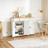 HOOBRO 43.3 Inch Kitchen Island with Charging Station, Rolling Kitchen Island with Storage, Kitchen Island Cart with Spice Rack and Hooks, for Kitchen, Living Room, White and Natural WN11UZD01 HOOBRO