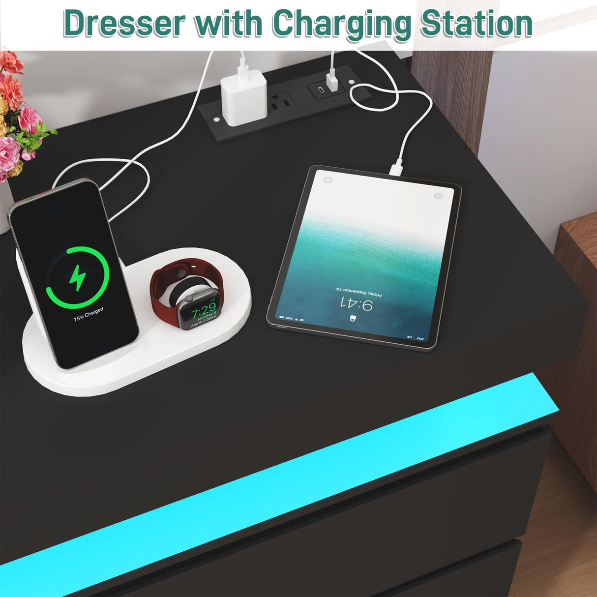 St.Mandyu 9 Drawer Dresser with Power Outlet, 63" Wide Dresser with LED Light, Modern Chest of Drawers for Closet, Double Drawer Organizer Cabinet for Bedroom, Living Room, Black St.Mandyu