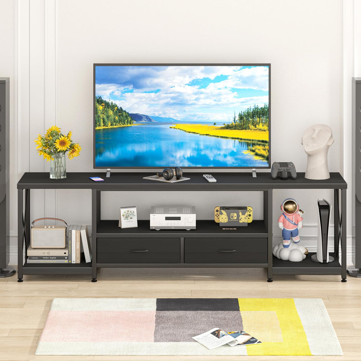 GYIIYUO TV Stand with Fabric Drawers for 75 80 Inches TV - Entertainment Center and Industrial TV Console Table with Open Storage Shelves for Living Room, Bedroom- 71.5" Black GYIIYUO