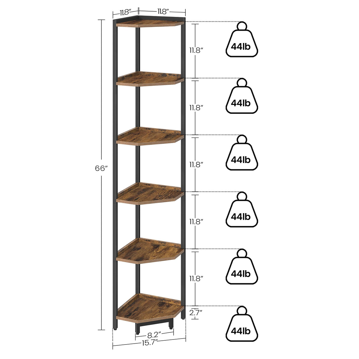 Hzuaneri Corner Shelf Stand, Corner Bookshelf, Storage Standing Shelf Unit with Metal Frame, Plant Stand, Corner Bookcase for Living Room, Home Office, Bedroom, 6-Tier Rustic Brown CS06001B Hzuaneri