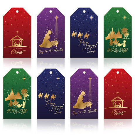 Whaline 120Pcs Christmas Paper Gift Tags Nativity Foil Gold Present Tags with 32.8Ft Twine Rope Xmas Birth of Jesus Hanging Labels Name Tags for Christmas DIY Gift Party Favor Supplies, 4 Styles Whaline