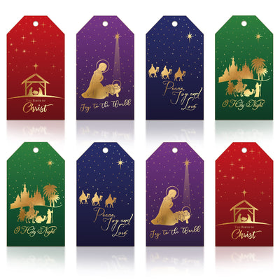 Whaline 120Pcs Christmas Paper Gift Tags Nativity Foil Gold Present Tags with 32.8Ft Twine Rope Xmas Birth of Jesus Hanging Labels Name Tags for Christmas DIY Gift Party Favor Supplies, 4 Styles