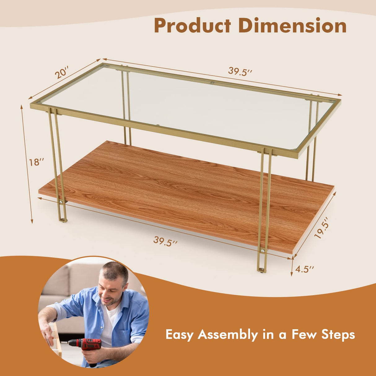 Tangkula Glass Coffee Table, 40In Mid Century 2 Tier Rectangle Coffee Table, Tempered Glass Top & Wood Storage Shelf, Steel Frame, Adjustable Feet, Modern Cocktail Accent Table for Living Room (Gold) Tangkula