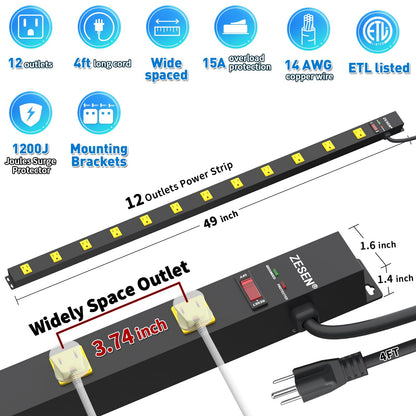 ZESEN 12 Outlet Long Power Strips Heavy Duty Garage Workshop Multi Wide Industrial Power Strip Surge Protector with 4ft Cord, ETL Certified, 1875W, Black - WoodArtSupply