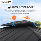 Sunjoy Hardtop Gazebo 10 x 12 ft. Outdoor Patio Gazebo with LED Lights (Batteries Operated), Remote Control and Netting, Black Sunjoy