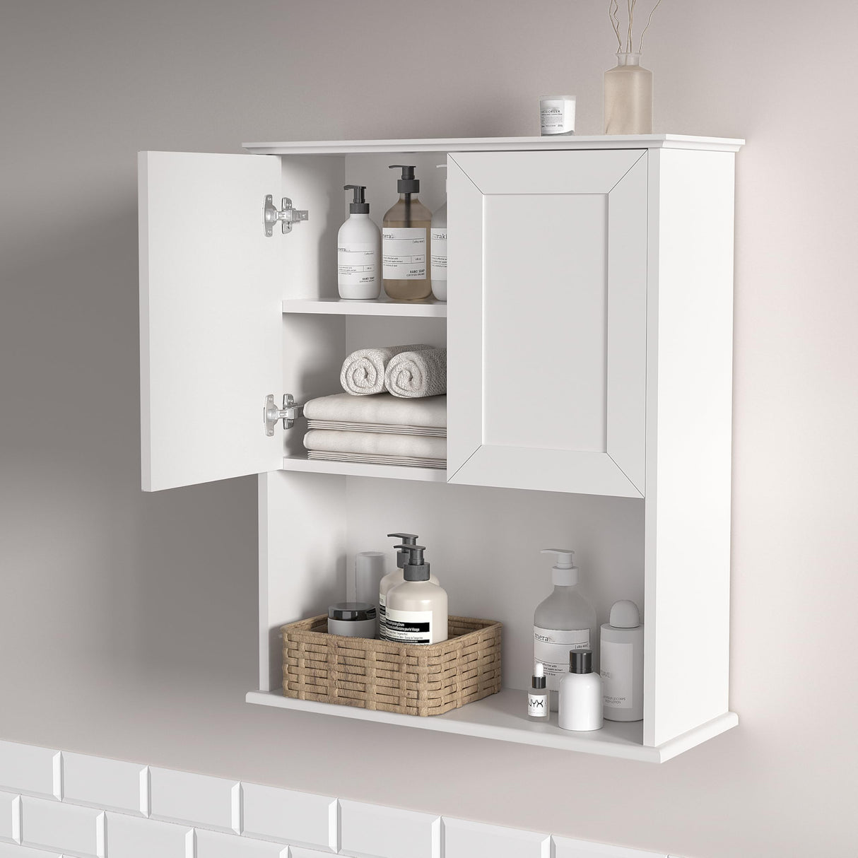 Bathroom Wall Cabinet Wooden with 2 Doors,Over the Toilet Storage Cabinet,Bathroom and Laundry Wall Mount Storage Medicine Cabinet with Open and Adjustable Shelf,Easy Assembly (Style A -1 PC, White) NewBeth