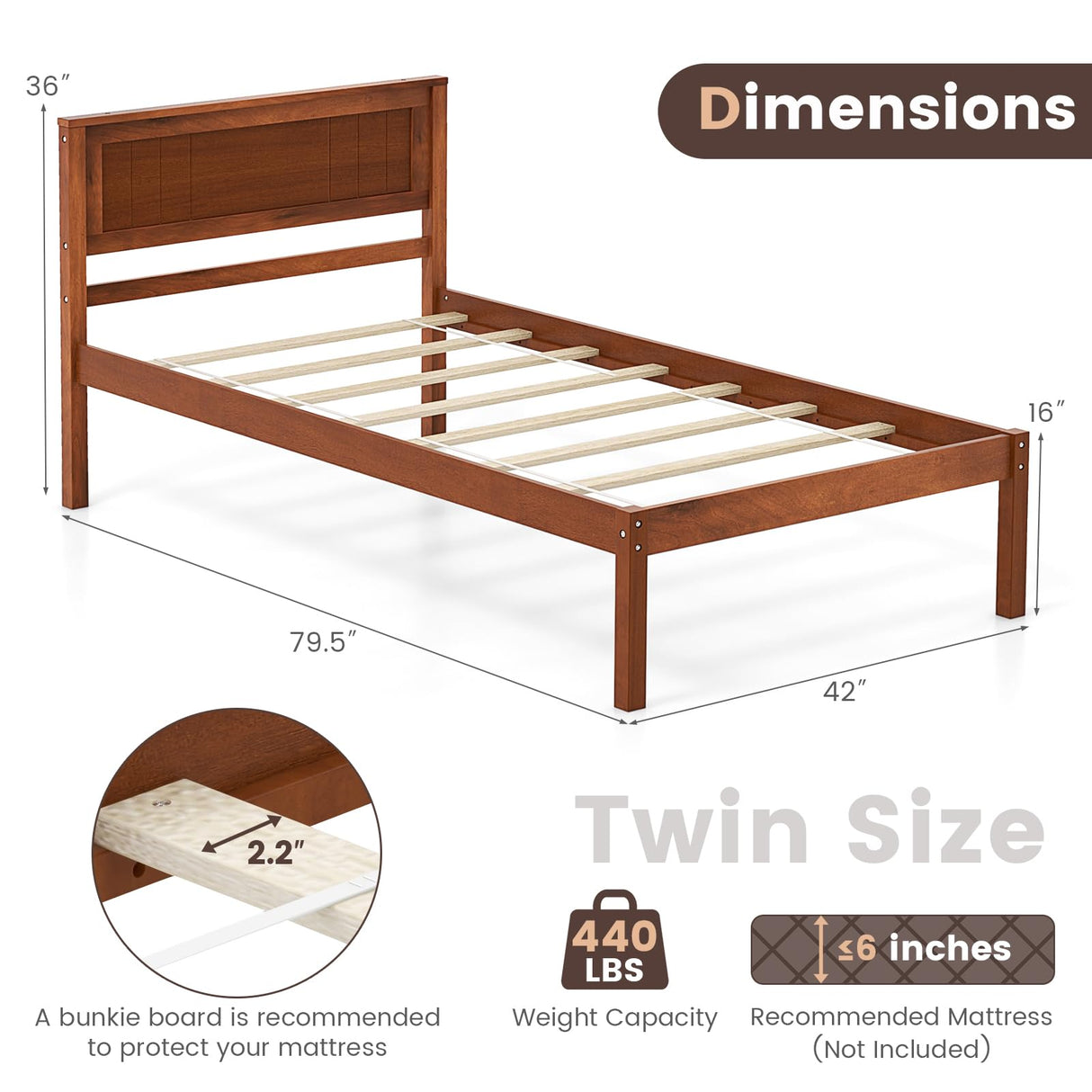 KOMFOTT Twin Size Wood Platform Bed Frame with Headboard, Solid Wood Bed Frame with Slat Support, Under Bed Storage, 16-Inch Mattress Foundation Bedroom Furniture, No Box Spring Needed KOMFOTT