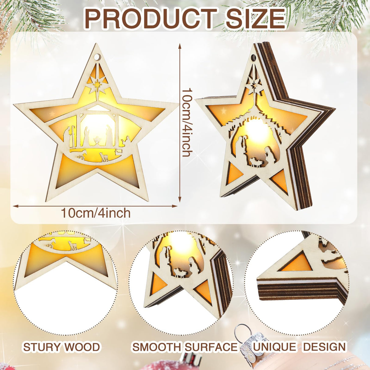 Tujoe 6 Pcs Christmas Nativity Scene Ornament LED Light up Nativity Christmas Ornament Cutout Jesus Wood Acrylic 3D Cut Nativity Wooden Set Christmas Hanging Ornament for Xmas Tree Decorations (Star) Tujoe