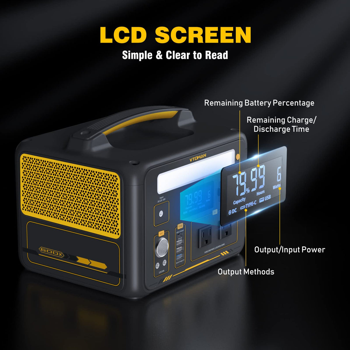 VTOMAN 600W Portable Power Station, LFP Battery Powered Generator with 2x 600W AC Outlets (Surge 1200W), 4x USB ports, 3x DC Output for Outdoor Camping, Vehicle Emergency, Electric Backup VTOMAN