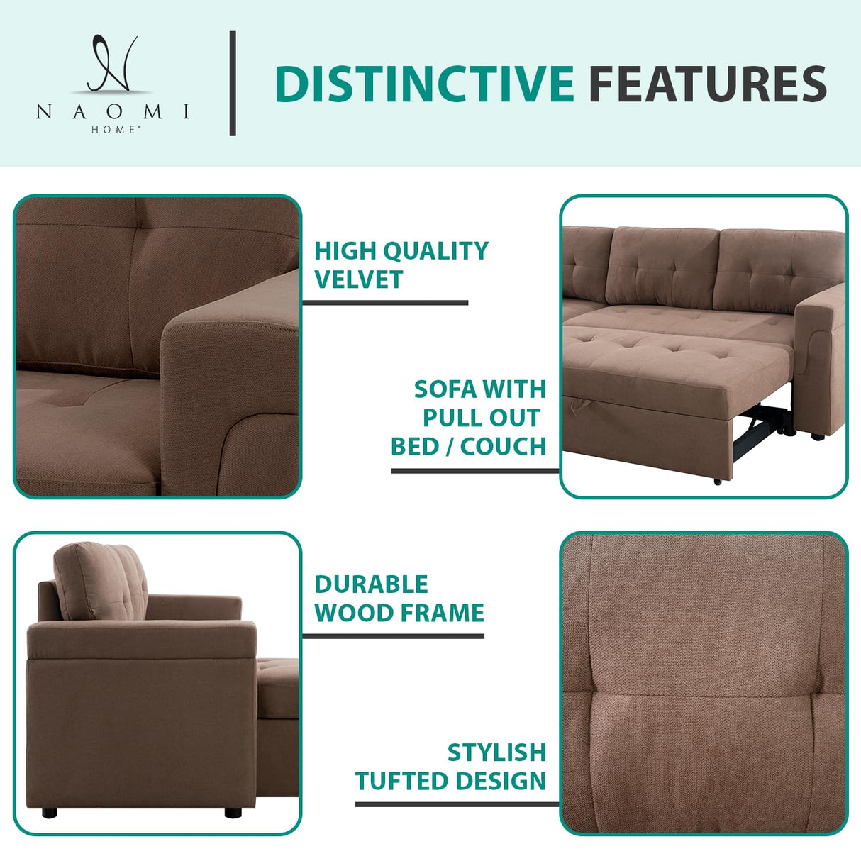 Naomi Home Jenny Sectional Sofa Sleeper with Storage Chaise, Tufted Pull Out Couch with Storage, Sectional Sofa Bed, L-Shaped Reversible Sleeper Sofa with Storage, Mocha,Velvet Naomi Home