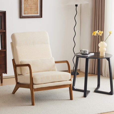 Karl home Mid-Century Modern Accent Chair, Living Room Chairs with Pillow High Back Corduroy Upholstered Lounge Armchair with Solid Wood Frame & Soft Cushion for Bedroom, Reading Room, Beige Karl home
