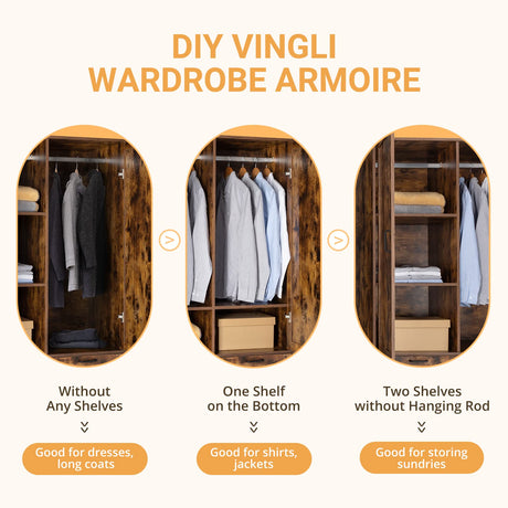 VINGLI Armoire, Wardrobe Closet with Hanging Rod, Bedroom 71" Freestanding Wardrobe Cabinet with Doors, Adjustable Shelves and Drawer, Open Compartment, Rustic Brown VINGLI