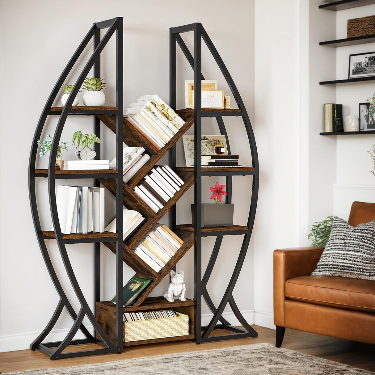 GOOBED Oval Bookshelf, Triple Wide 5 Tier Etagere Bookcase, Industrial Display Shelves Tree Bookshelf for Living Room, Bedroom, Home Office, Rustic Brown GOOBED