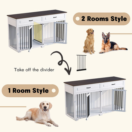DAWNSPACES Dog Crate Furniture, 72 Inch Heavy Duty Wooden Large Dog Kennel with Drawers & Divider, Indoor Furniture Style Dog Crate with Double Rooms for Large Medium Small Dogs, White DAWNSPACES