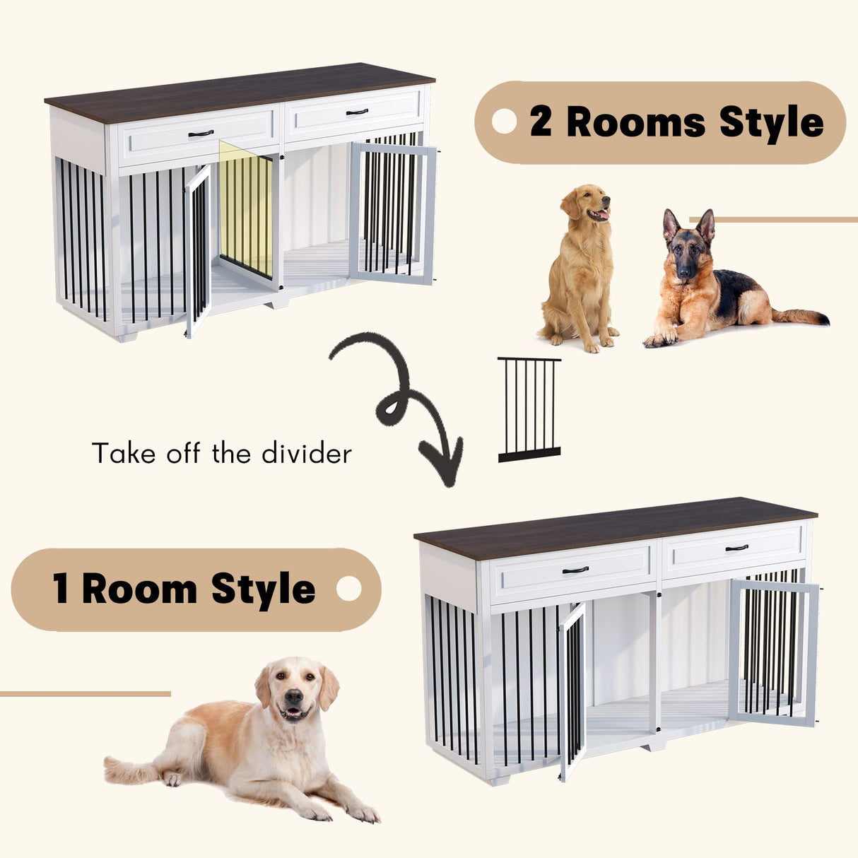 DAWNSPACES Furniture Style Dog Crate, 72" Large Wooden Dog Kennel with Drawers & Divider, Heavy Duty Indoor Dog Cage with Double Rooms for Large Medium Small Dogs, White DAWNSPACES