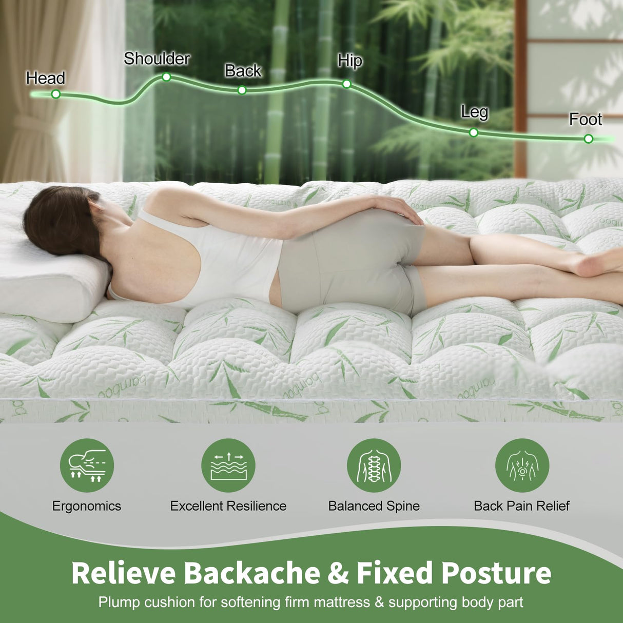 Jov5tic Mattress Topper Queen Size - 1200GSM 3D+7D Down Alternative Fill, Viscose Made from Bamboo Cover, Extra Plush for Back Pain, 8"-18" Deep Pocket(Queen,60"x80") jov5tic