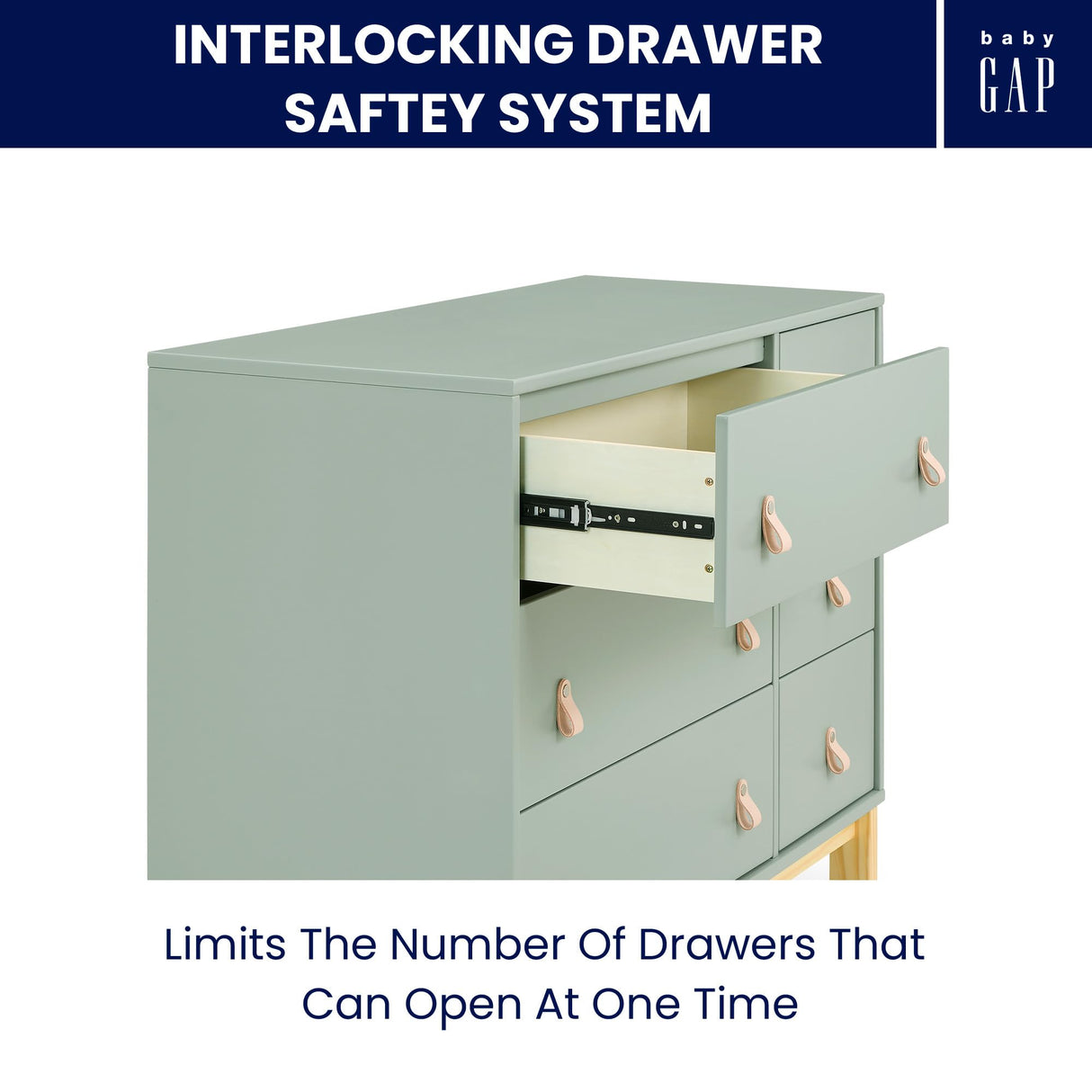 babyGap Legacy 6 Drawer Dresser with Leather Pulls and Interlocking Drawers by Delta Children - Greenguard Gold Certified, Sage Green w/Natural Delta Children