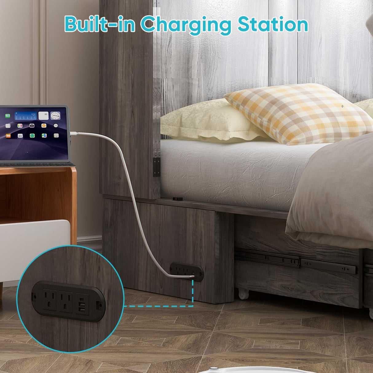 CECER Queen Size Murphy Bed with Tri-Folding Mattress，Murphy Bed with Charging Station and 2 Large Storage Drawers for Small Spaces/Bedroom（Grey） CECER