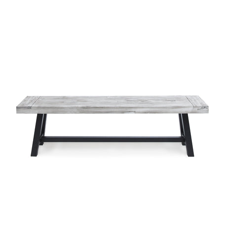 Great Deal Furniture Cassie Outdoor Light Grey Sandblast Finish Acacia Wood Dining Bench with Black Rustic Metal Finish Frame GDFStudio