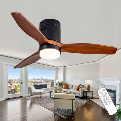 Ceversa 42 Inch Solid Wood Low Profile Ceiling Fan with Light and Remote Control,3 Blades Flush Mount Ceiling Fan,Easy Installation Walnut Hugger Ceiling Fan for Living Room Bedroom Farmhouse Indoor