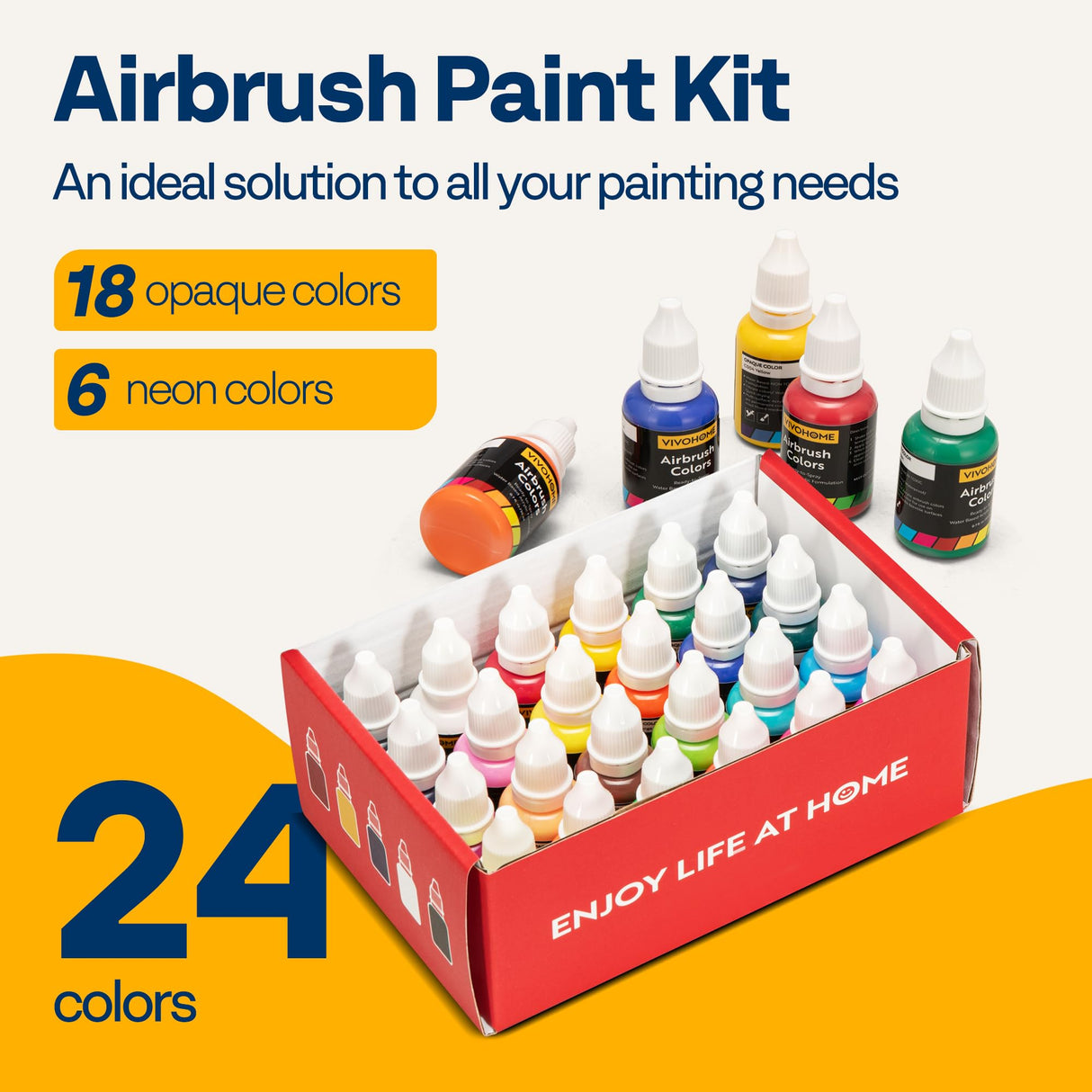 VIVOHOME 24 Color Airbrush Paint Set, Acrylic Air Brush Paints Ready to Spray (No Thinner Needed), Water Based Painting Colors for Artist and Beginners, Includes 6 Neon Color, 20 ml/0.68 Fl Oz VIVOHOME