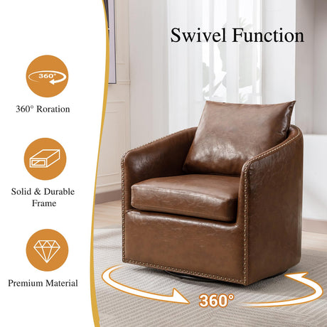 HAOMARKETS 360 Degree Swivel Barrel Chair with Plump Back Pillow, Waterproof Oil Waxed PU Leather Swivel Armchair with Rivets, Comfy Vintage Round Accent Chair for Living Room HAOMARKETS
