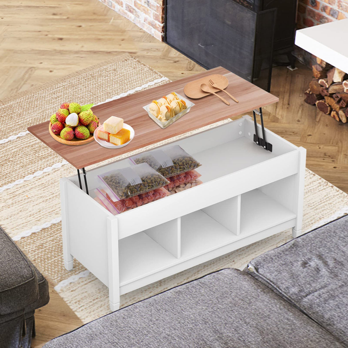 COSTWAY Lift Top Coffee Table, with Hidden Storage Compartment & 3 Open Shelves, Rectangular Cocktail Tea Table with Solid Wood Legs for Living Room Reception Room (White) COSTWAY