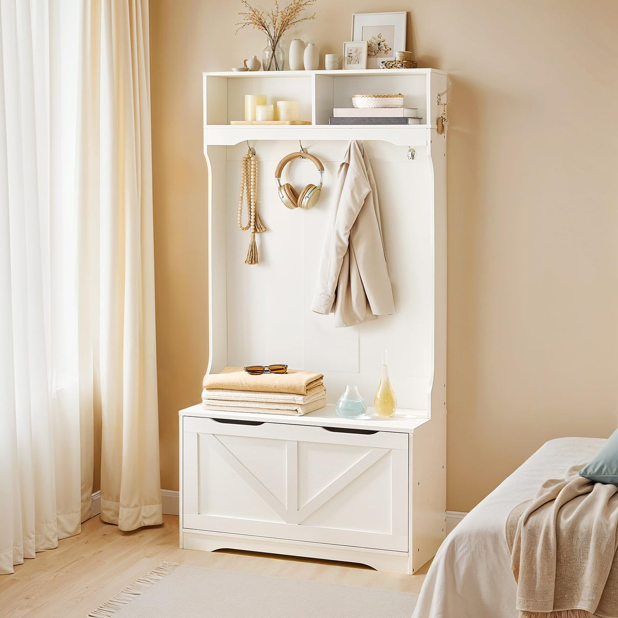 HOOBRO Hall Tree with Bench and Shoe Storage, Entryway Bench with Coat Rack and Shoe Cabinet, Flip-Down Cabinet Door, Coat Rack with Shoe Rack, for Mud Room, White WT84MT01 HOOBRO