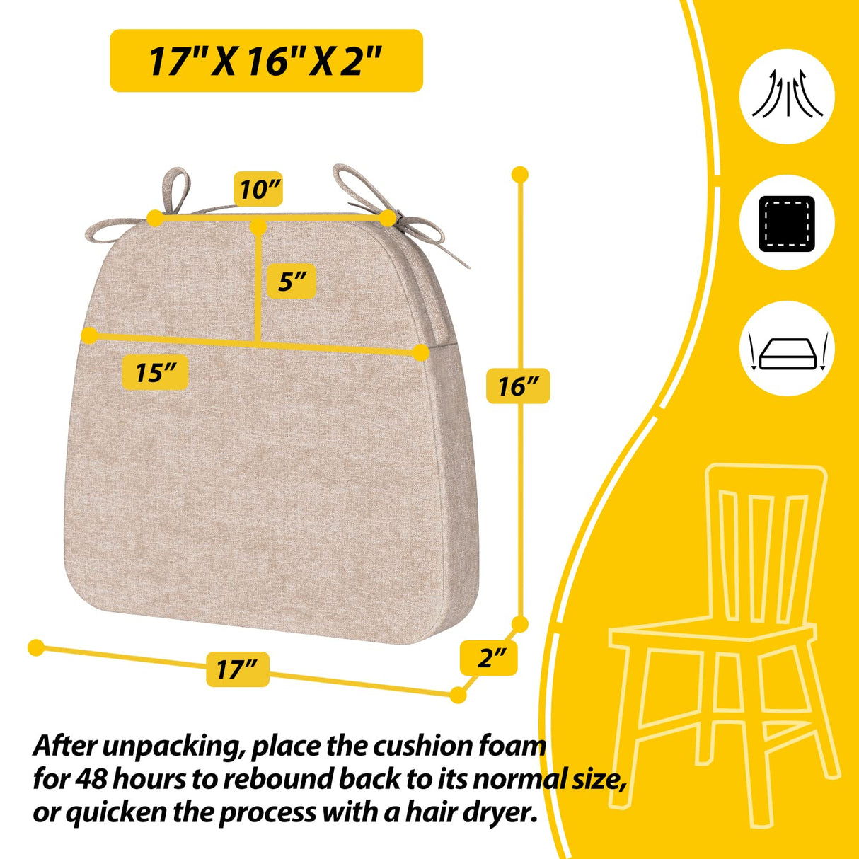 AAAAAcessories D-Shaped 2'' Thick Chair Cushions, Removable, Machine Washable Cover and Ties, Chair Pads for Indoor Dining Room and Kitchen Chairs, 17'' x 16'', Set of 4, Beige AAAAAcessories