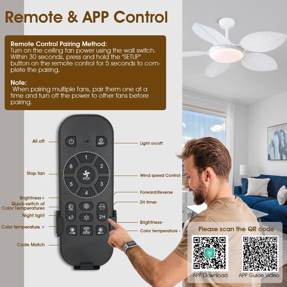 Wiviniya Ceiling Fans with Lights and Remote/APP Control, 48 Inch Tropical Ceiling Fan for Bedroom Living Room, Outdoor Palm Leaf Ceiling Fan for Patios Porch, Dimmable, 6 Speeds, Reversible, White Wiviniya