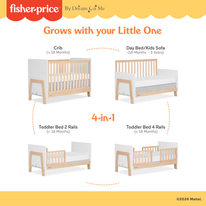 Dream On Me Fisher Price Iris 4-in-1 Convertible Crib in Vintage White Oak, JPMA & Greenguard Gold Certified, Crafted from New Zealand Pine Wood