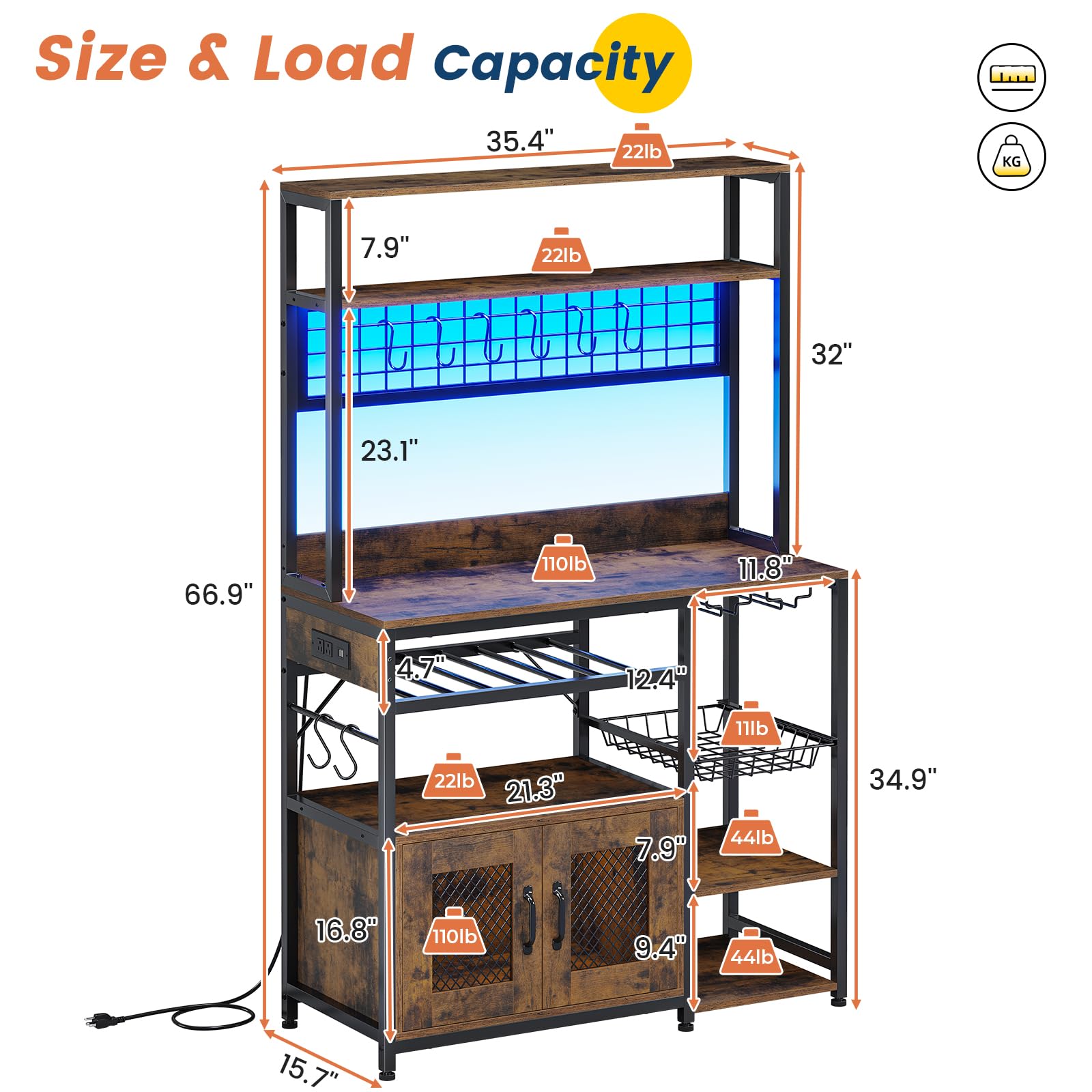 VIGKOOK Rustic Brown Kitchen Bakers Rack with Power Outlet, LED Lights, and Ample Storage Solutions - WoodArtSupply