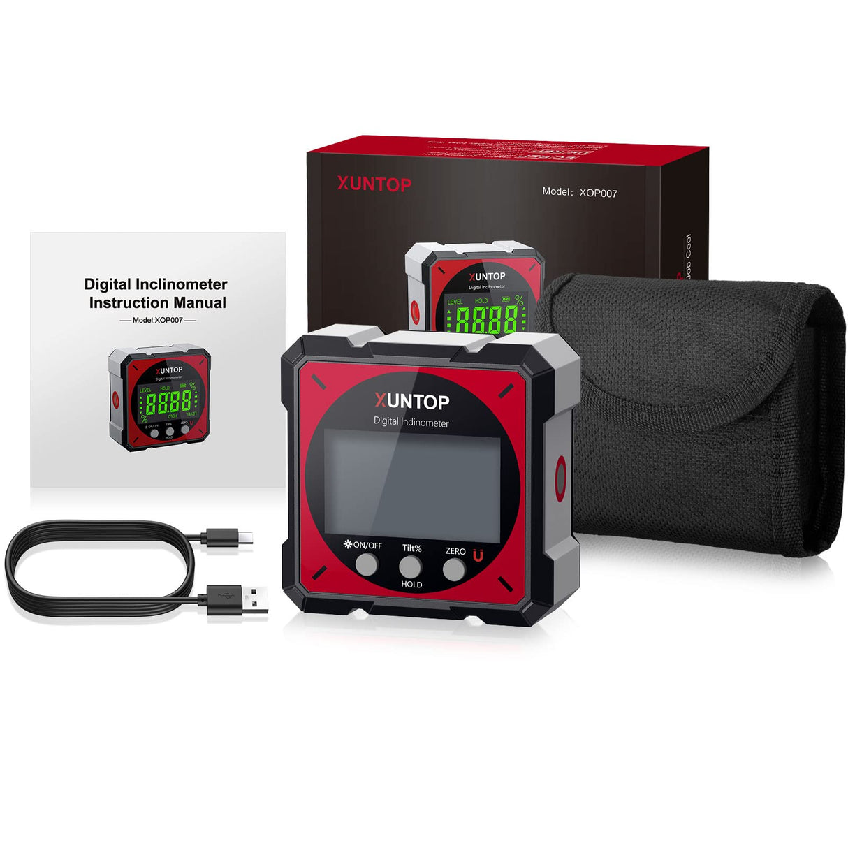 XUNTOP USB Charging Digital Level Box Angle Finder with Laser (Level 2), 4-side Strong Magnetic Angle Gauge IP54 Waterproof Inclinometer Level, Saving time and effort hanging decorations XUNTOP