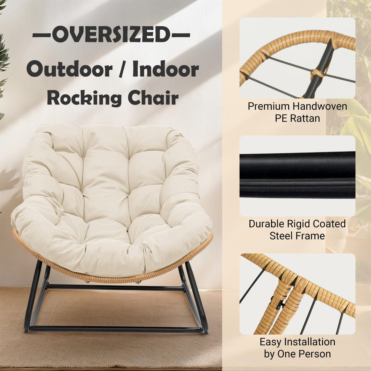 PROHIKER Outdoor Papasan Rocking Chair, Indoor Egg Rocking Chair with Thick Cushion, Oversized Wicker Rattan Patio Lounge Chairs for Backyard, Balcony, Living Room(Beige) PROHIKER