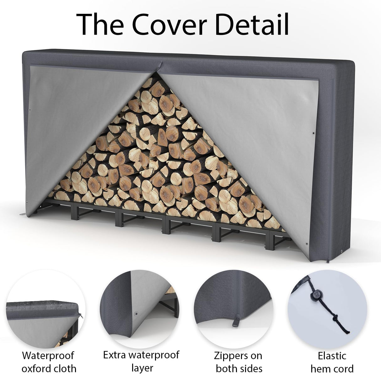 NEOCOZY 8FT Firewood Rack Outdoor with Cover, Heavy Duty Wood Holder with Log Carrier, Adjustable & Waterproof Log Holder Wood Storage Stand for Fireplace Patio Outdoor, Black NEOCOZY