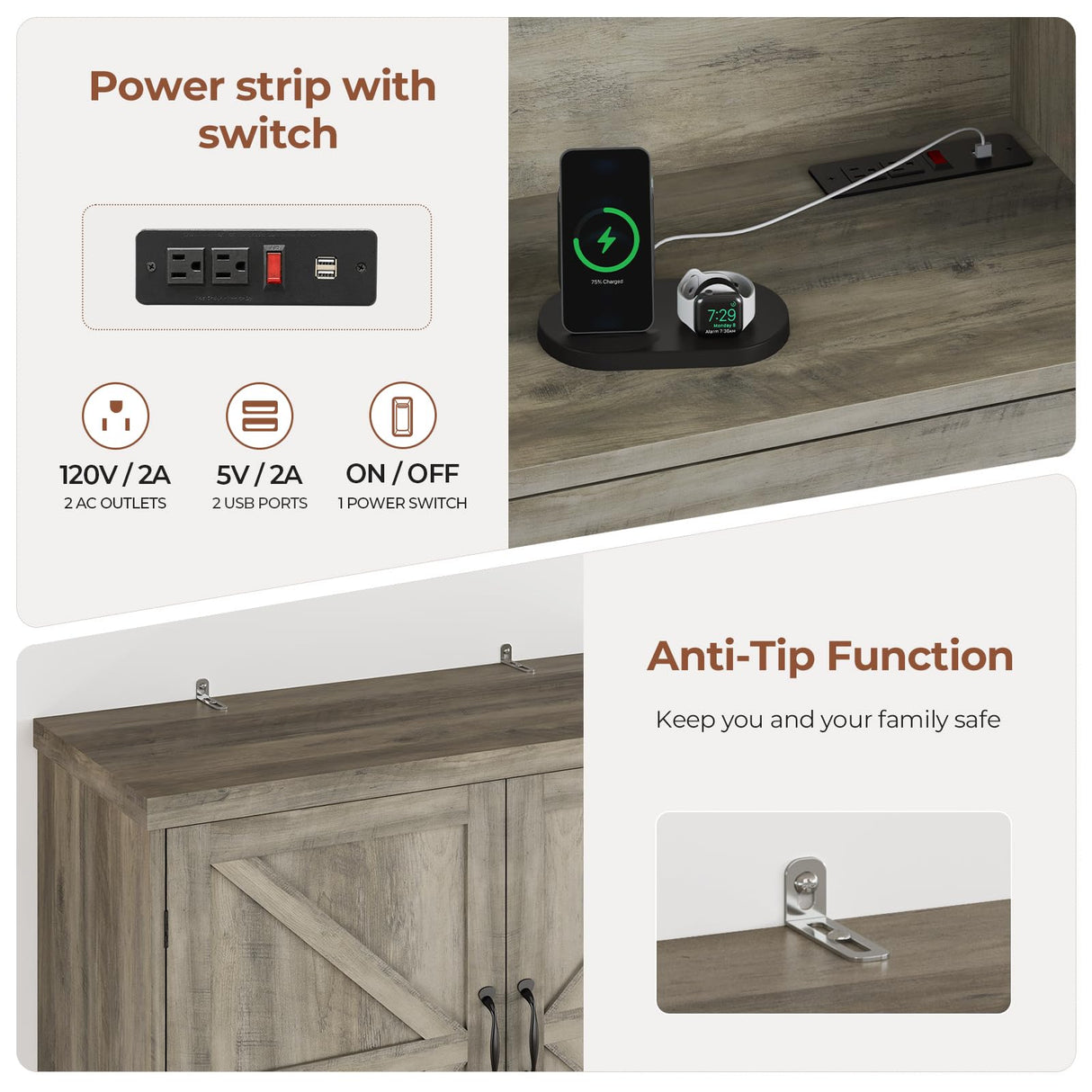 UPOSOJA Farmhouse Kitchen Pantry Cabinet with Operation Table, 72.6" Storage Cabinet with LED Lights and Power Strip, Adjustable Shelves for Dining Room, Bathroom, Living Room (Gray) UPOSOJA