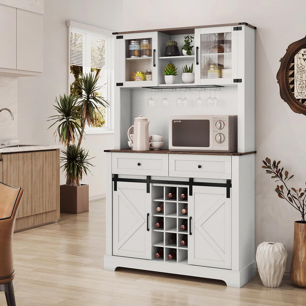ARTPOWER Wine Bar Cabinet with Sliding Barn Door, 72" Hutch Cabinet with Wine&Glasses Rack, Tall Farmhouse Kitchen Pantry Buffet with Drawers for Dining Room, White ARTPOWER