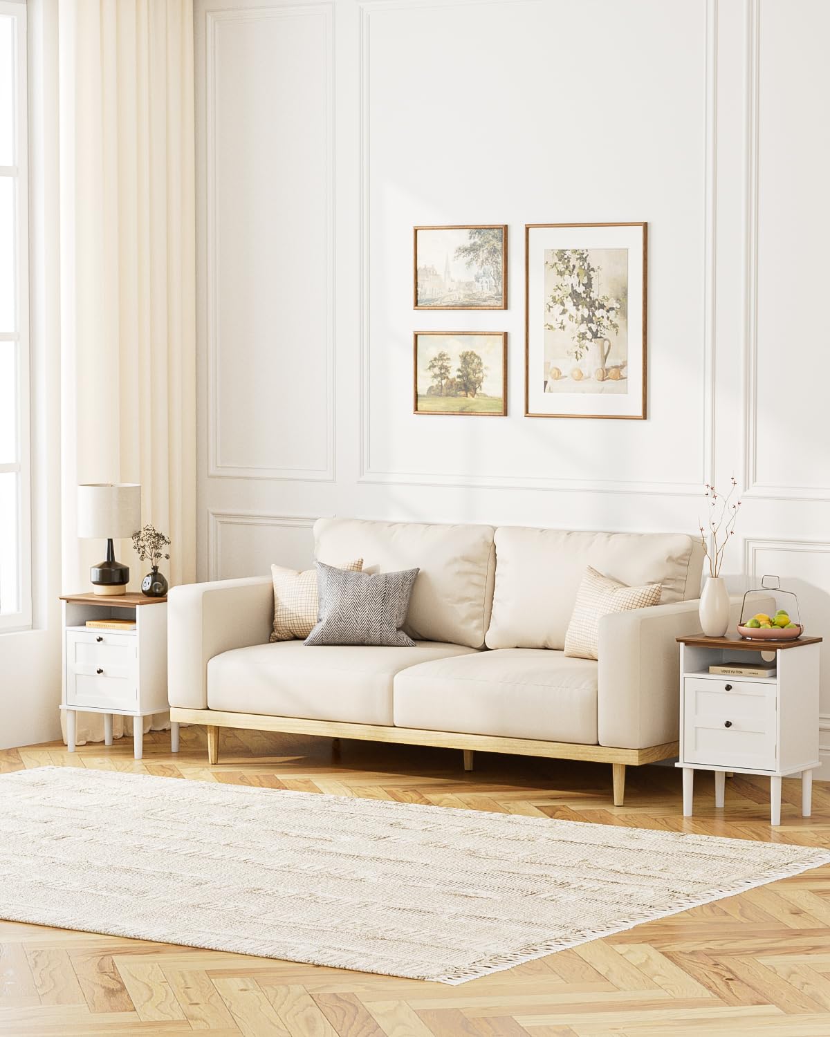 Apetaccat Nightstand, Boho Night Stand with 1 Drawer, Modern Side Accent Table with Open Shelf, Wooden Top Bedside End Table for Bedroom, Living Room, White Apetaccat