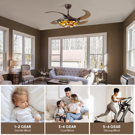 CROSSIO 48" Tiffany Ceiling Fan with Light Colorful Fandelier Vintage Chandelier Fan 48 Inch Stained Glass Ceiling Fan Retractable Blades Vintage Fandelier with Tiffany Light for Bedroom Living Room CROSSIO