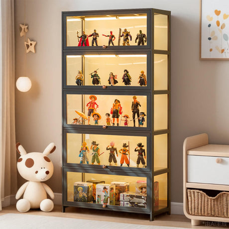 QOEUDD Curio Display Cabinet with Acrylic Glass Door, 5-Tier Display Case, Curio Cabinet & Bookcase for Collectibles, Display Shelf for Home, Reading Nook, Playroom, Living Room QOEUDD